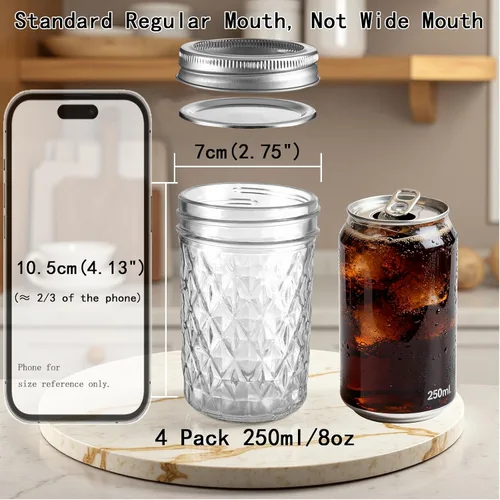 Vista 6 de Mason Jars - Tarros de boca regular de 8 onzas, paquete de 4 tarros de vidrio de grado alimenticio con tapas herméticas, tarros reutilizables sin