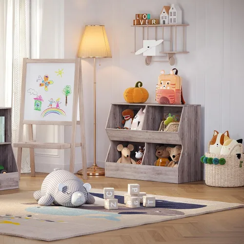 Vista 2 de DINZI LVJ Estantería para niños, organizador de almacenamiento de juguetes, armario de almacenamiento de juguetes de madera, estantería para niños