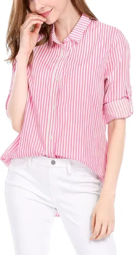 Vista 2 de Allegra K Camisa de manga larga enrollable con botones a rayas para mujer
