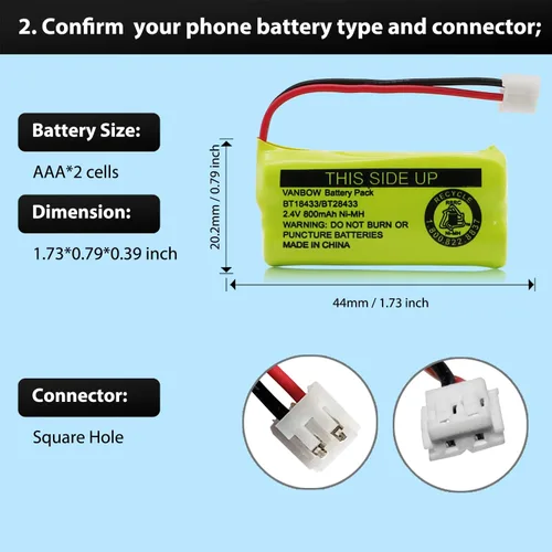 Vista 4 de BT18433/BT28433 2.4V 800mAh Ni-MH Batería inalámbrica para teléfono, también compatible con AT&T BT184342/BT284342 BT8300 BT1011 BT1018 BT1022