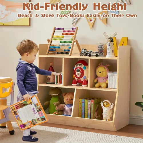Vista 7 de Estante Montessori, organizador de almacenamiento de juguetes de madera contrachapada para libros, juguetes, estantería de 3 estantes, gabinete