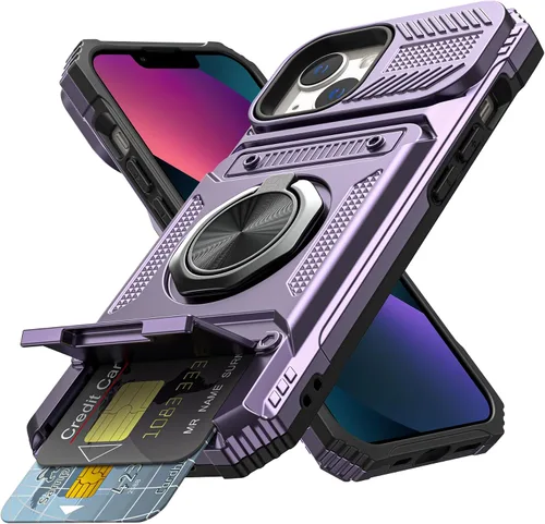Vista 8 de Vofolen - Funda tipo cartera para iPhone 13 con tarjetero [tienda de 2 tarjetas], color negro 360°Magnetic Ring Stand Dual Layer Heavy Duty