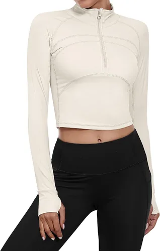 Vista 8 de Neer Paquete de 2 chaquetas de manga larga para mujer, con cremallera de 12, ombligueras de yoga, ajustadas, para correr, con agujeros para el pulgar