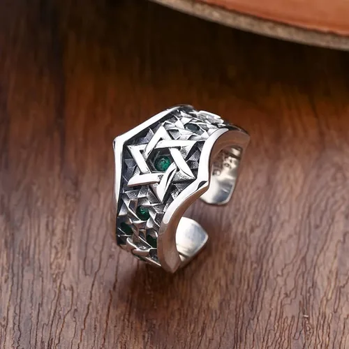 Vista 3 de Anillo vintage de plata de ley 925 con estrella de David judía con circonita cúbica para hombres y niños abierto ajustable, Metal, Zirconia cúbica
