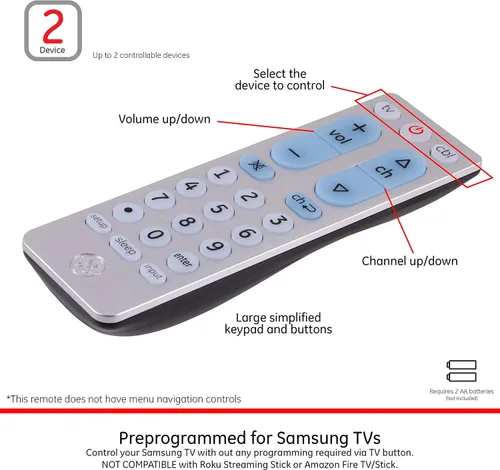 Vista 3 de GE Control remoto universal de 2 dispositivos, funciona con televisores inteligentes, LG, Sony, Blu Ray, DVD, DVR, Roku, Apple TV y otros