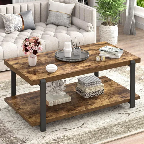 Vista 10 de FOLUBAN - Mesa de café negra, mesa de centro moderna de madera rústica con almacenamiento para sala de estar, mesa de té industrial de 2 niveles