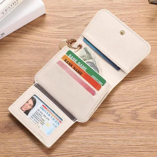Vista 6 de SENDEFN Carteras pequeñas para tarjetas de crédito para mujer, llavero de cuero con bloqueo RFID, bolsillo con cremallera de tres pliegues, monedero
