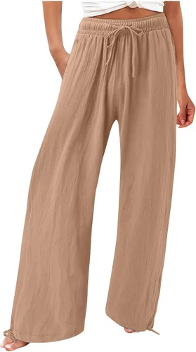 Vista 6 de SHAOBGE Pantalones palazzo de verano para mujer, cintura alta, pierna ancha, casual, cintura elástica, pantalones de playa con bolsillos
