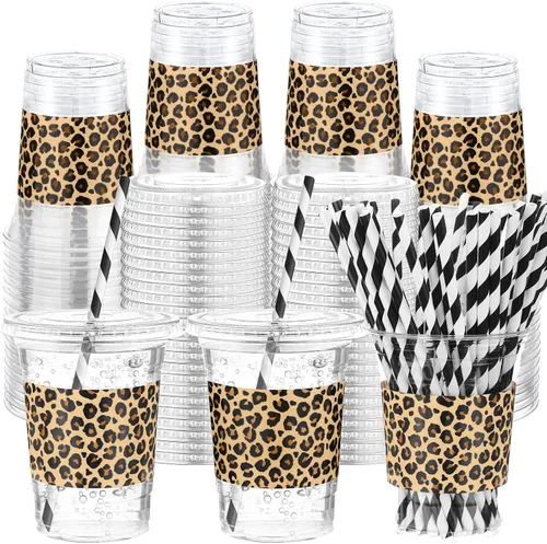 Vista 22 de Sliner 50 juegos de vasos de plástico a cuadros de 16 onzas con tapas y pajitas de papel, vasos desechables transparentes para fiesta de autos