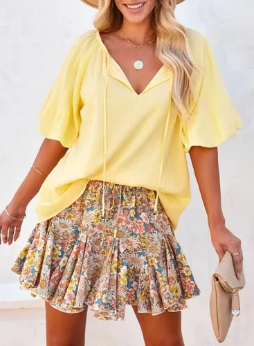 Vista 3 de Dokotoo Women's Casual Boho Solid Color V Neck Summer Tops Drawstring Short Puff Sleeve T Shirt Blouses