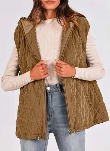 Vista 3 de PRETTYGARDEN Chaleco acolchado de otoño para mujer, casual, sin mangas, con capucha, con cremallera, abrigo de invierno