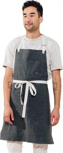 Vista 9 de Delantal de cocina de lino Caldo para cocinar - Delantal con peto de lino para hombres y mujeres para chef profesional, camarero o barista - Hueso