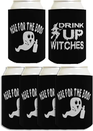 Vista 22 de Decoración espeluznante de Halloween Bebe brujas aquí para los abucheos 2 caras Paquete de 2 termoenfriadores ultra delgados para latas