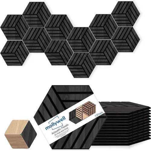 Vista 21 de Mollywell Paneles acústicos, grano de madera de PVC, azulejos de pared tallados en hexágono a prueba de sonido, fieltro autoadhesivo de alta