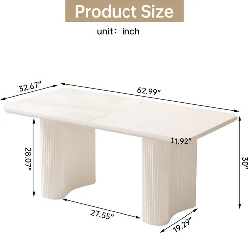 Vista 2 de Mesa de comedor rectangular moderna de 62.99 pulgadas para 4-6, mesa de cocina resistente para sala de estar y reuniones, fácil montaje, color Blanco