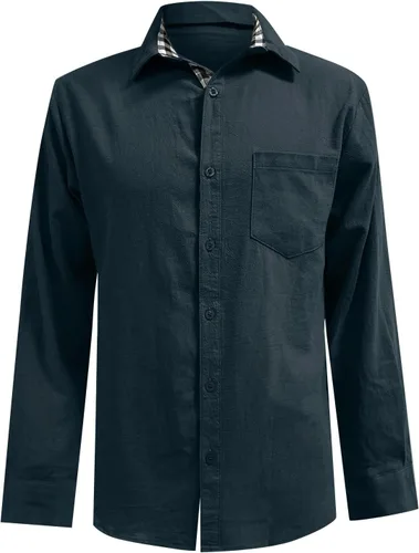 Vista 4 de Camisa de vestir formal ajustada para hombre, camisas casuales de negocios, manga larga, camisetas gruesas con botones, blusa a cuadros