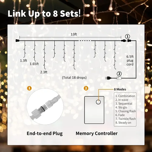Vista 3 de YOLIGHT - Luces de Navidad de carámbano, 13 pies, 96 LED, 8 modos de luces de carámbano parpadeantes para cortina, luces de hadas, para habitación