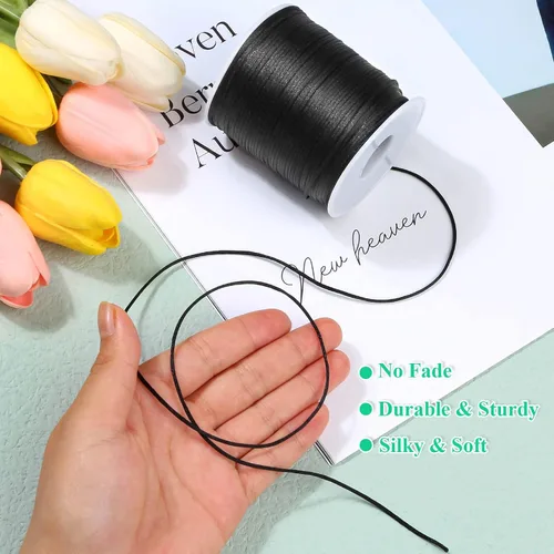 Vista 6 de anezus - Cordón de satén de nailon negro, cordón de nailon negro sedoso para pulseras trenzadas, collares colgantes, llaveros de macramé, cordones