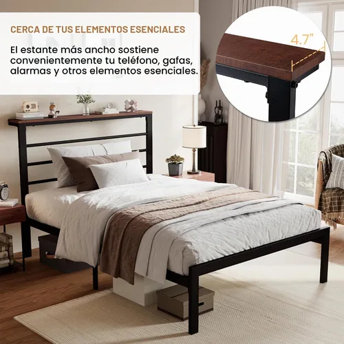 Vista 3 de SHA CERLIN Marco de cama tamaño twin con estante de cabecera y base de metal resistente, no necesita somier, marrón