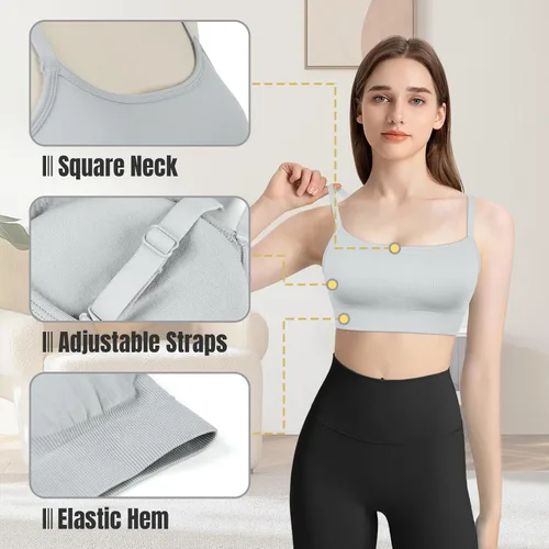Vista 5 de VEQKING Sujetador deportivo para mujer, tirantes delgados ajustables, cuello cuadrado, sin costuras, para entrenamiento, yoga, bralette con copas