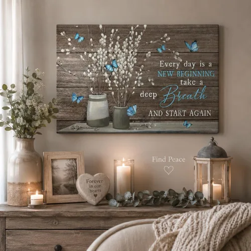 Vista 7 de Arte de pared de lienzo para baño estilo granja, vintage, rústico, país, flor, mariposa azul, pintura, imagen, decoración de pared, Cada día es un
