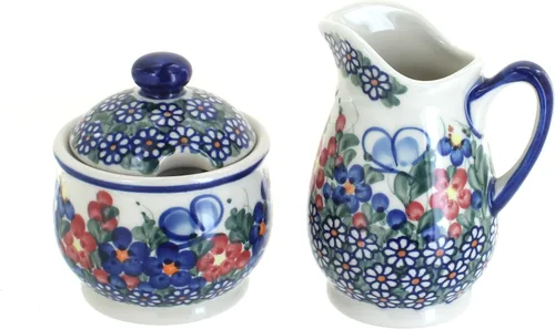Vista 14 de Set de crema y azúcar de flor de manzana y cerámica polaca de rosa azul