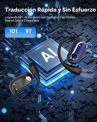 Vista 2 de Traducción AI Auriculares de oído abierto Traductor en tiempo real azul mar