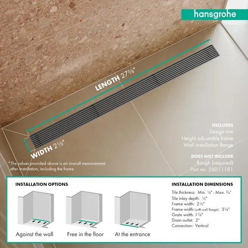 Vista 8 de hansgrohe RainDrain Match Boardwalk - Drenaje de ducha lineal para 27 5/8 pulgadas, con marco de altura ajustable en acero inoxidable cepillado