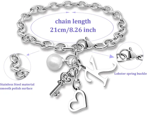 Vista 2 de Pulseras con inicial de la A a la Z, regalo para mujeres y niñas, pulsera de cadena de acero inoxidable con 26 letras del alfabeto, regalos