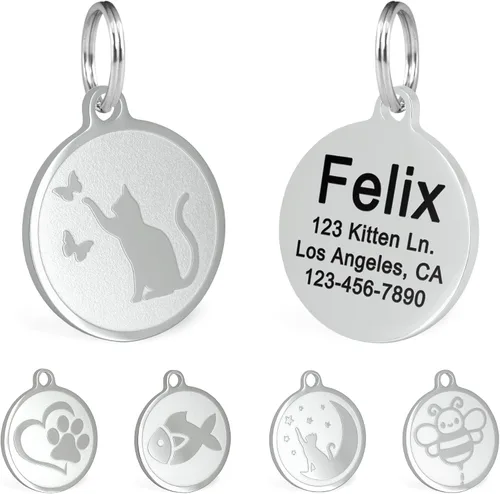Vista 9 de Ultra Joys Etiquetas de nombre de gato grabadas personalizadas – Etiqueta de identificación de mascotas de acero inoxidable – Etiquetas