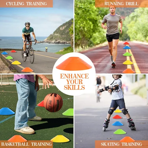 Vista 5 de Paquete de 15/25/30/50 conos de fútbol con bolsa de malla y correa-conos de fútbol para entrenamiento deportivo, fútbol, baloncesto, ejercicios