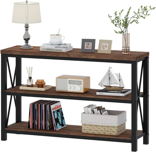 Vista 8 de Mesa de consola rústica detrás del sofá, mesa industrial de entrada con estantes, mesas de sofá de 3 niveles estilo granja para sala de estar, Roble