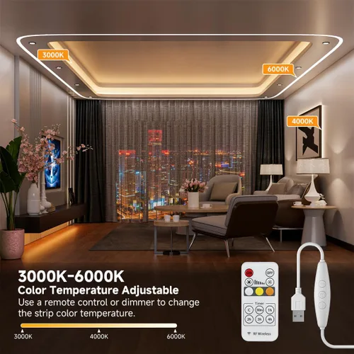 Vista 2 de COB CCT - Tira de luces LED de 6.56 pies, 5 V, USB, sintonizable, blanco, 2700K-6500K, tiras CCT regulables con control remoto RF, CRI90+ 0.394