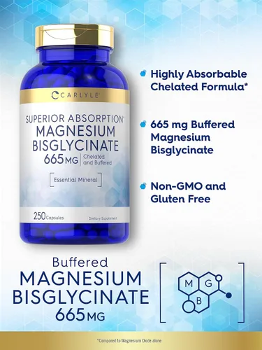 Vista 3 de Carlyle Bisglicinato de magnesio tamponado 665 mg 250 cápsulas Mineral esencial quelado Suplemento sin OMG y sin gluten