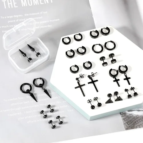 Vista 7 de ONESING Juego de 15 pares de aretes para hombre, aretes negros de acero inoxidable, aretes de cruz para hombres y mujeres, hipoalergénicos