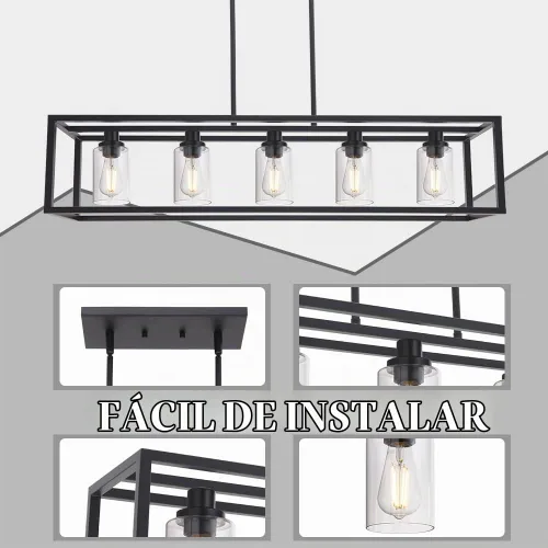 Vista 7 de MELUCEE Candelabro Industrial de 36.2 Pulgadas de Longitud para Isla de Cocina, Luminaria Rectangular de 5 Luces para Comedor Colgante con Acabado