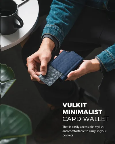 Vista 4 de VULKIT Tarjetero desplegable plegable con compartimento para dinero, estuche para tarjetas de visita minimalista con bolsillo frontal, marino