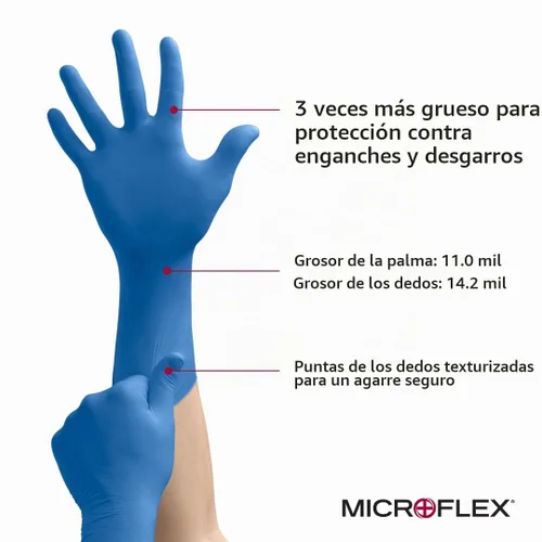 Vista 2 de Guantes de látex con puño extendido, 11.6 pulgadas de largo, 11 mils de grosor. Marca Microflex, S, Azul, 50