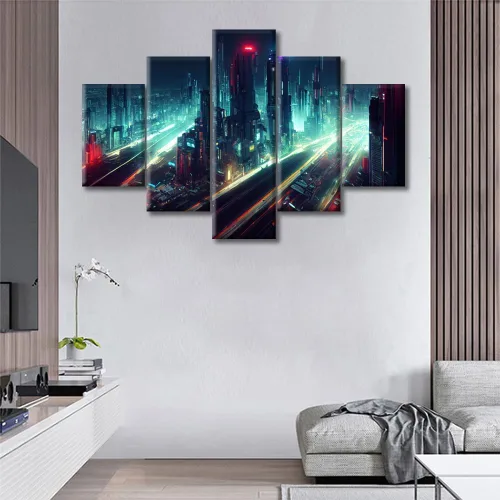 Vista 139 de Cuadros de 5 paneles de Cyberpunk City, arte de pared, representación de vallas publicitarias, edificios modernos en la capital con obras de arte