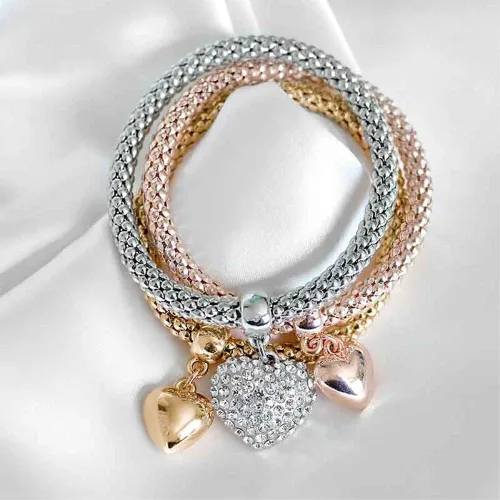 Vista 5 de SILANER Pulseras multicapa con dijes de cristal, 3 unidades, oro y plata, oro rosa, pulsera elástica en forma de corazón para mujer, árbol de la vida