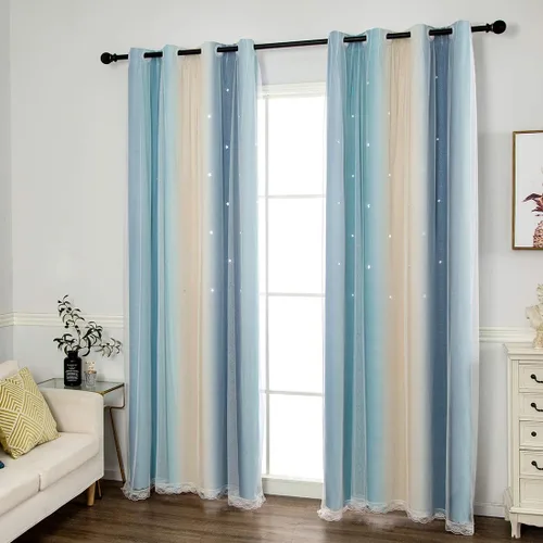 Vista 2 de vctops Cortinas opacas con diseño de rayas degradadas para ventana, de doble capa, de tul, cortinas recortadas con estrellas para dormitorio de Azul