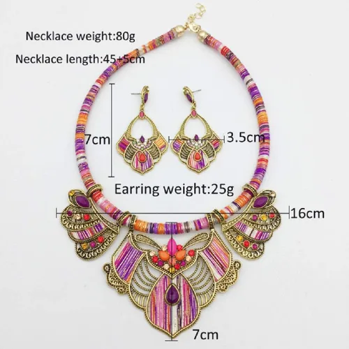 Vista 2 de YAZILIND Chunky Necklace Earrings Women's Bohemian Chain Tribal Jewelry Set Handmade Geometric Charm Bib Choker Necklaces