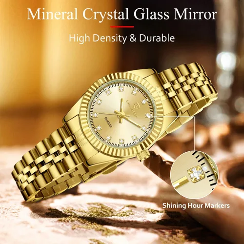 Vista 4 de Juego de reloj de oro para mujer, chapado en oro de 18 quilates, brazalete brazalete anillo para mujer, delicado reloj analógico impermeable
