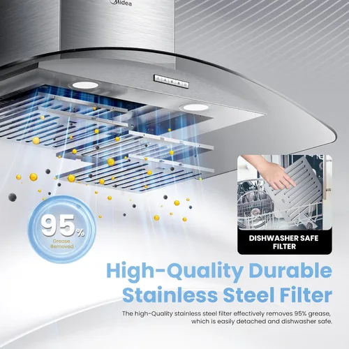 Vista 6 de Midea MVG30W8AST Campana extractora de ventilación de 30 pulgadas con conductos de montaje en pared con ventilador de escape de 450 CFM de 3