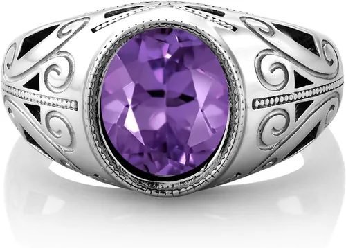 Vista 3 de Gem Stone King Anillo de piedra natal ovalada para hombre 925 plata esterlina Oval 12X10MM Disponible en tallas 7, 8, 9, 10, 11, 12, 13 Púrpura