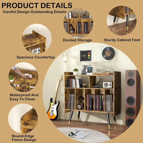 Vista 4 de Brown Record Player Stand: Vinyl Record Player Stand with Storage, Turntables for Vinyl Records, Modern Media Console, Album Display Shelf with USB