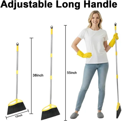 Vista 2 de Escoba de cerdas suaves para interiores, escoba angular con mango largo, escobas de barrido suave para pisos, escoba de cocina