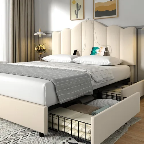 Vista 33 de VECELO Base de cama tamaño matrimonial, cabecera tapizada ajustable con botones, marco de cama resistente con soporte de listones de madera,