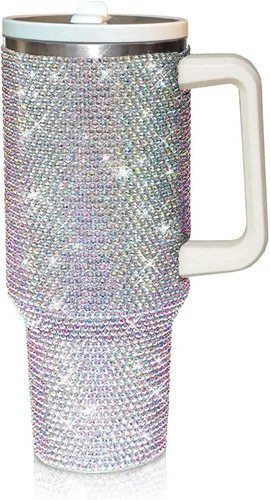 Vista 13 de Vaso de 40 onzas con tachuelas de strass con mango, popote y tapa, botella de agua de acero inoxidable aislada de doble capa para mujeres, taza