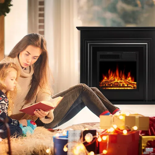 Vista 8 de R.W.FLAME Chimenea eléctrica con chimenea envolvente de madera, soporte de TV negro de 36 pulgadas con chimenea eléctrica independiente, control